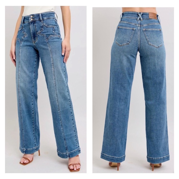 Judy Blue High Waist Double Button Star Front Seam Wide Leg Denim Jeans 14W x 32 - Picture 3 of 15